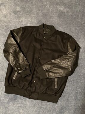 Men's Black Bomber Jacket with Leather Sleeves